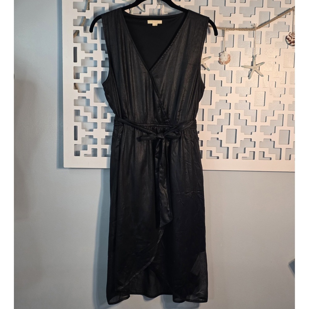 Tulle Black Metallic Crinkle Wrap V-Neck Sleeveless Dress Size L